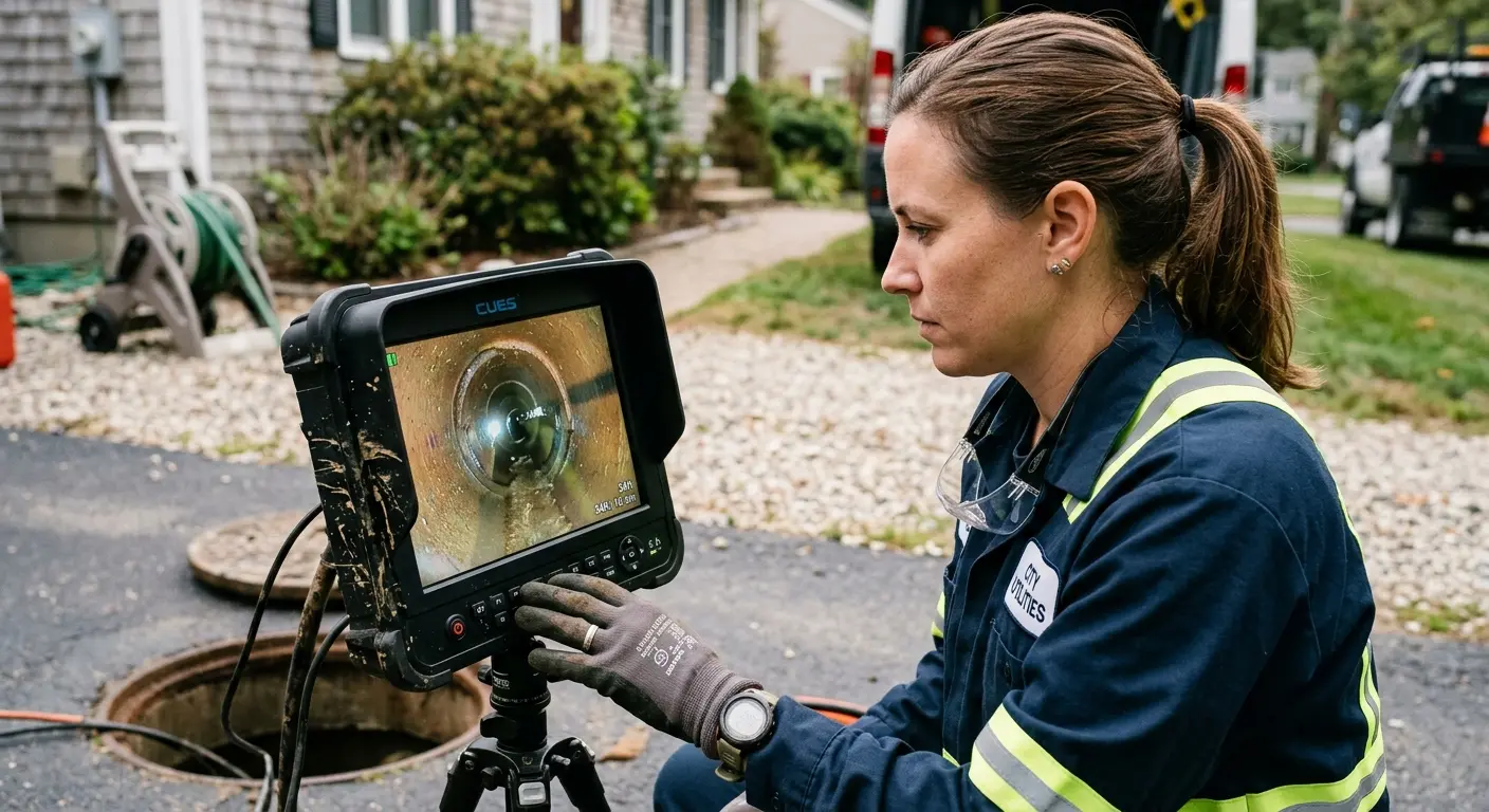 Technician reviewing sewer camera inspection footage in Triangle