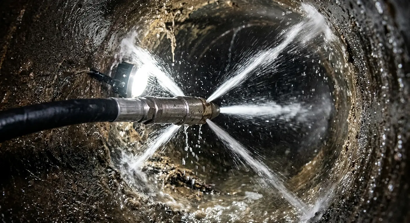 High-pressure hydro jetting nozzle cleaning sewer pipe for Trenchless Sewer Repair in Triangle