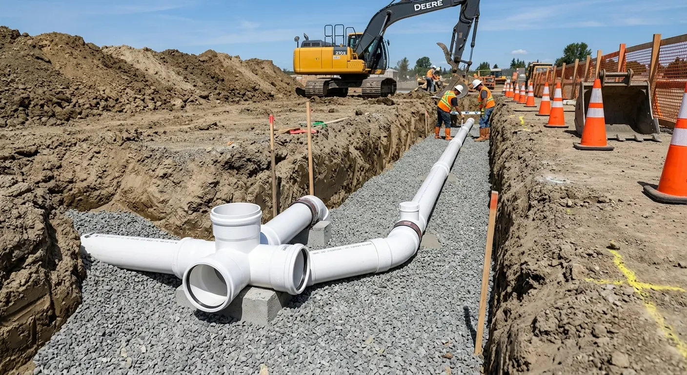New PVC sewer pipe installation in open trench for Commercial Drain Cleaning in Triangle