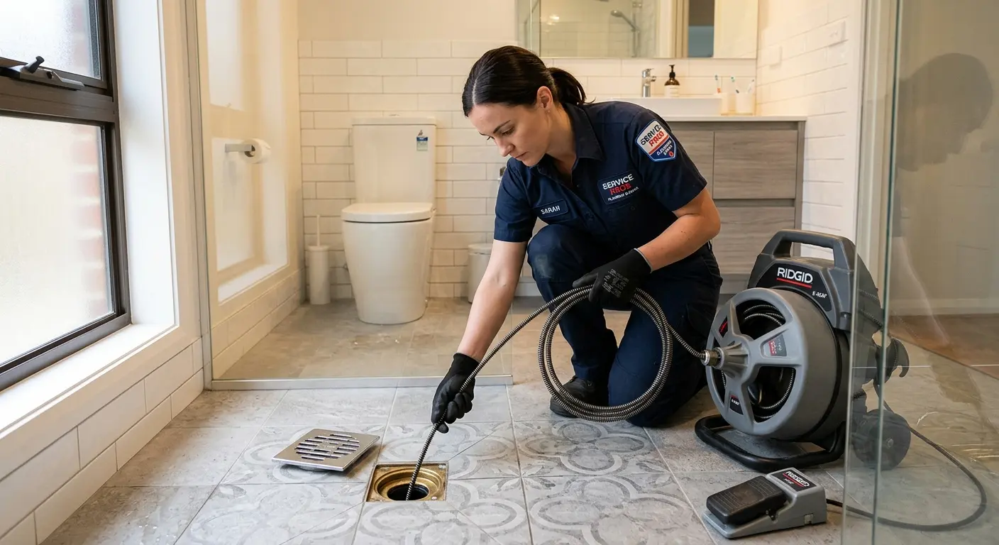 Technician clearing a bathroom floor drain for Sewer Line Installation in Triangle